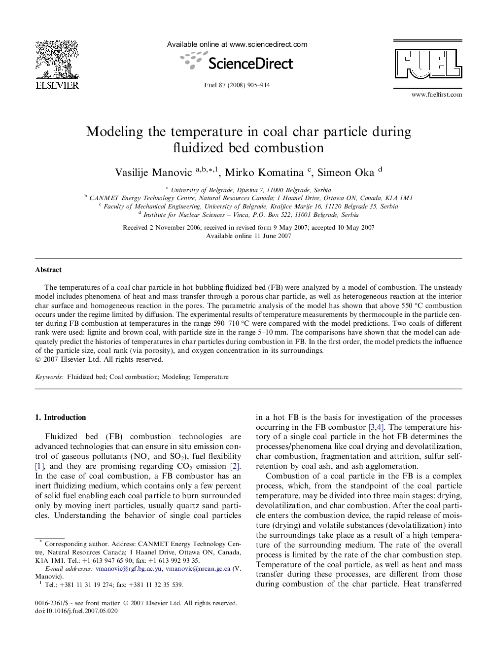 Modeling the temperature in coal char particle during fluidized bed combustion