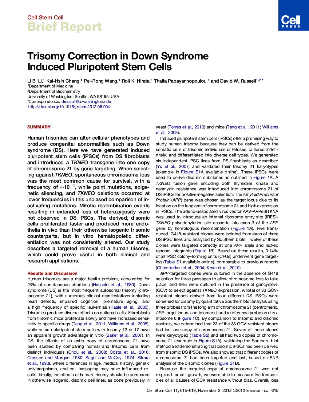 Trisomy Correction in Down Syndrome Induced Pluripotent Stem Cells