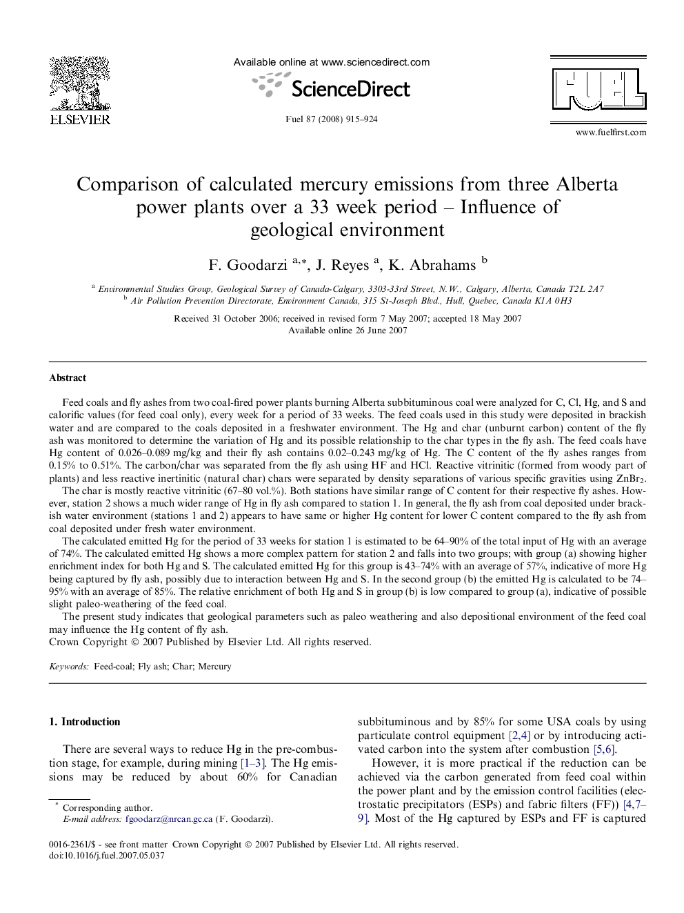 Comparison of calculated mercury emissions from three Alberta power plants over a 33 week period – Influence of geological environment