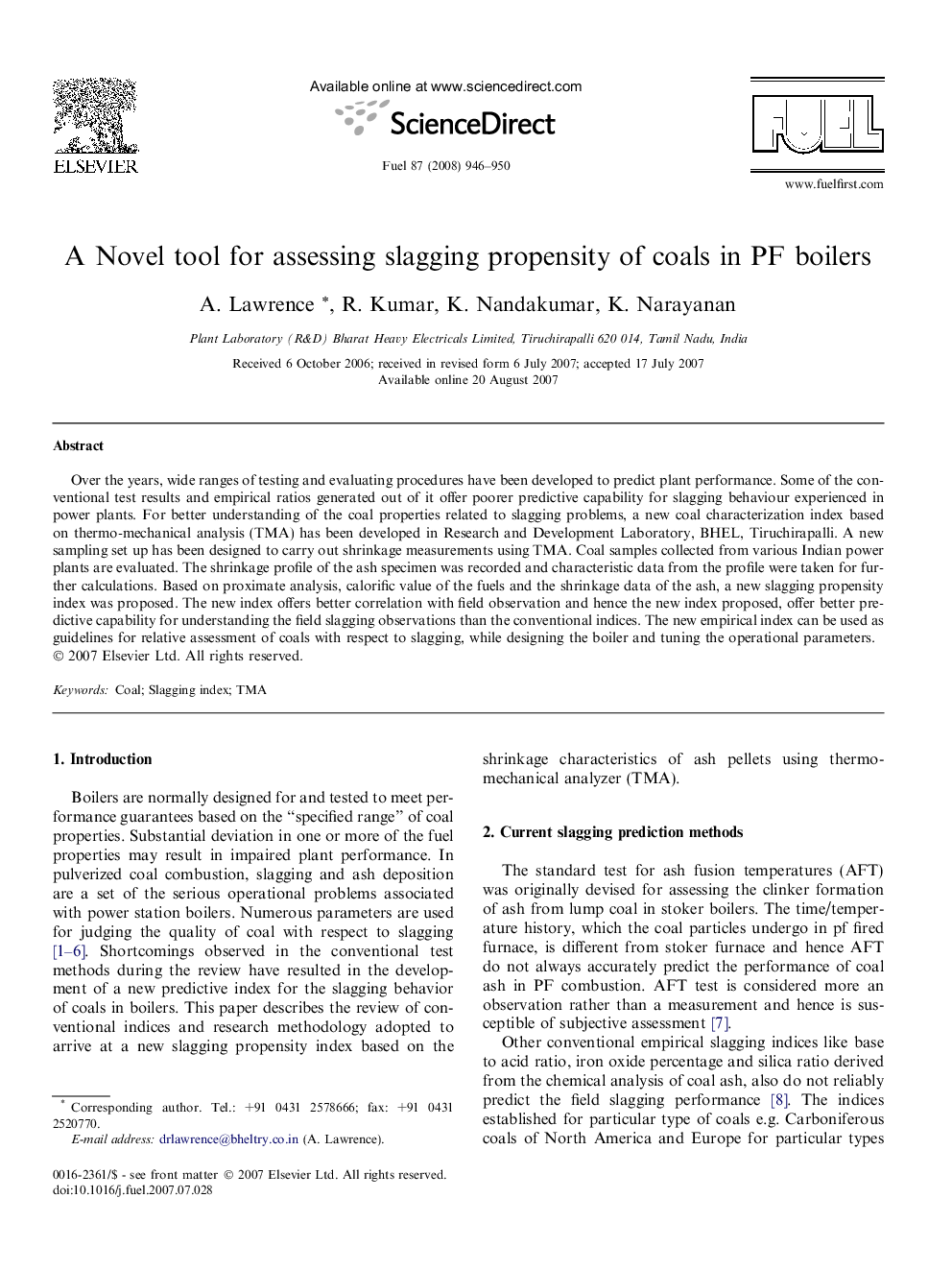 A Novel tool for assessing slagging propensity of coals in PF boilers