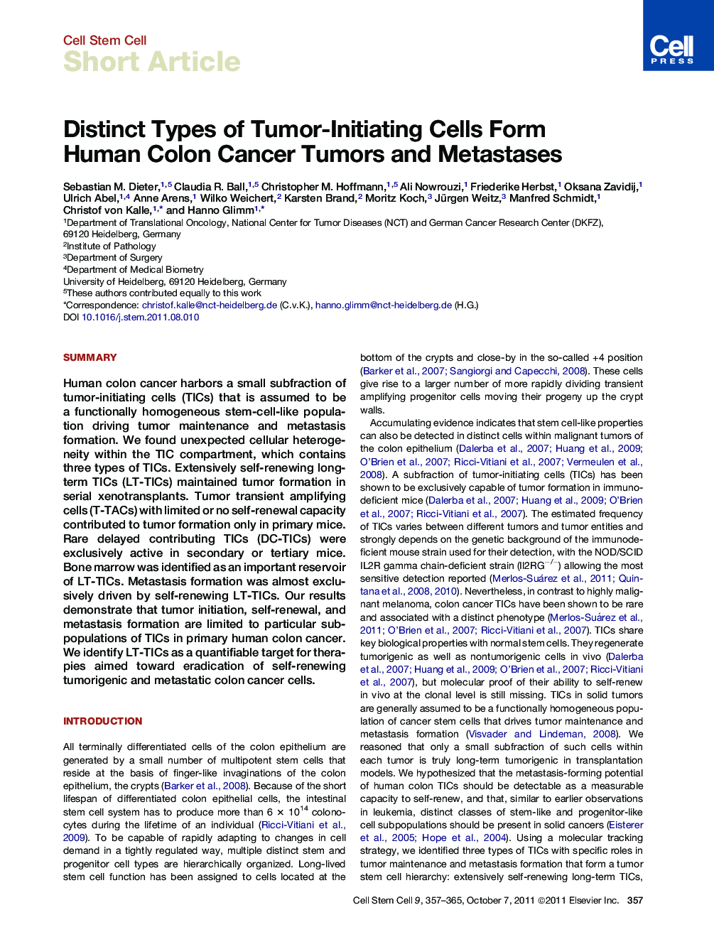 Distinct Types of Tumor-Initiating Cells Form Human Colon Cancer Tumors and Metastases
