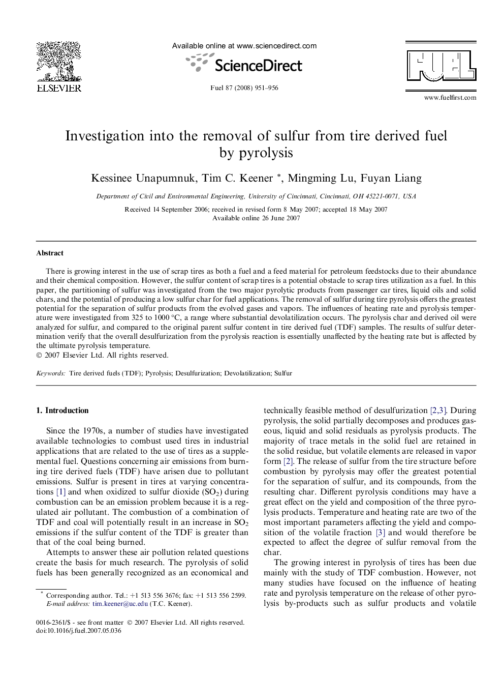 Investigation into the removal of sulfur from tire derived fuel by pyrolysis