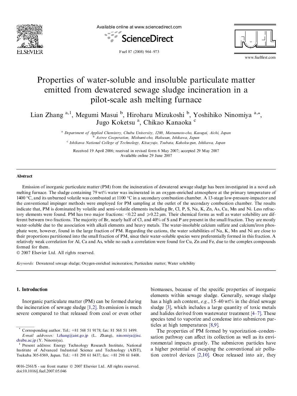 Properties of water-soluble and insoluble particulate matter emitted from dewatered sewage sludge incineration in a pilot-scale ash melting furnace