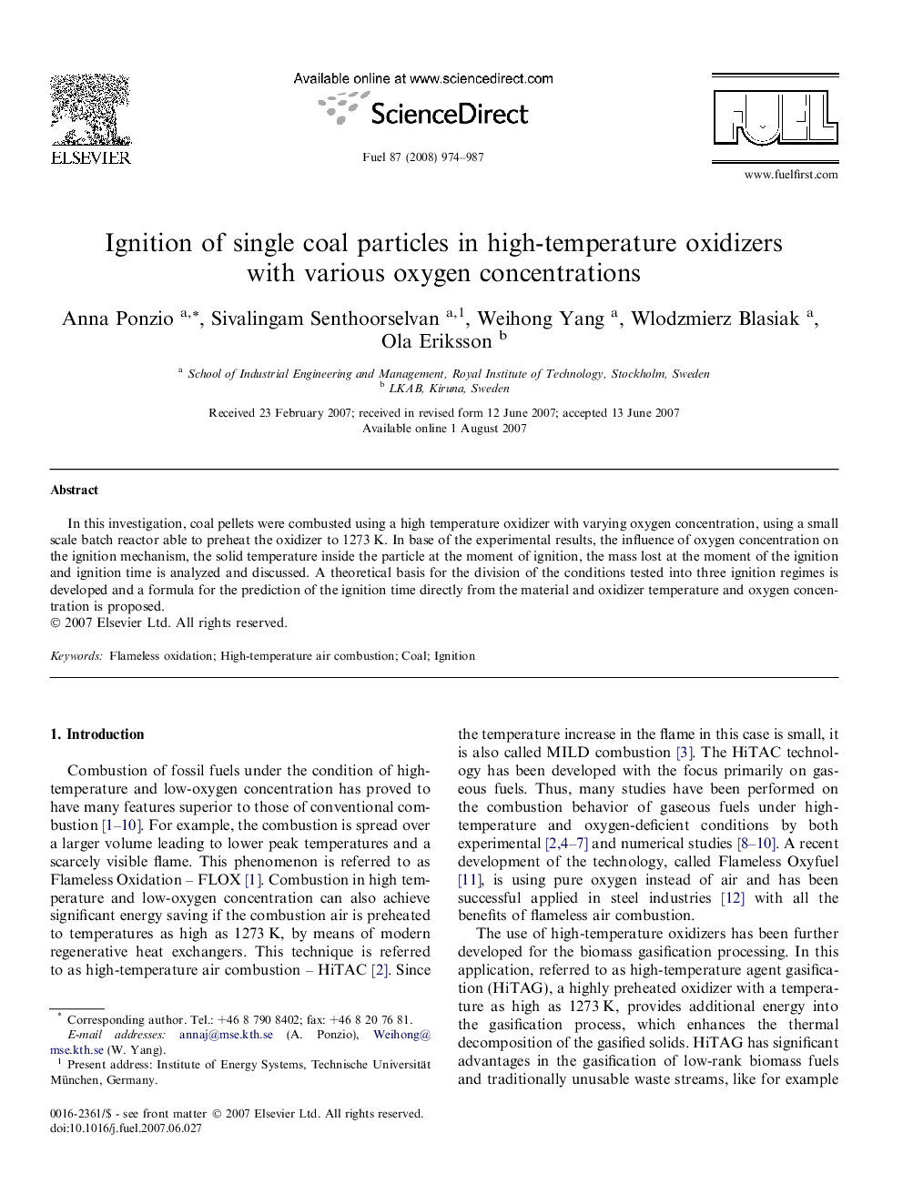 Ignition of single coal particles in high-temperature oxidizers with various oxygen concentrations