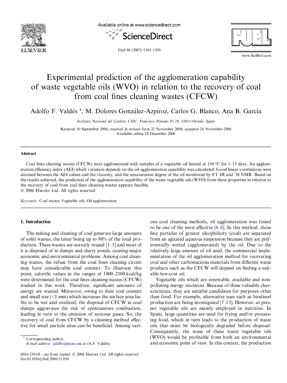 Experimental prediction of the agglomeration capability of waste vegetable oils (WVO) in relation to the recovery of coal from coal fines cleaning wastes (CFCW)