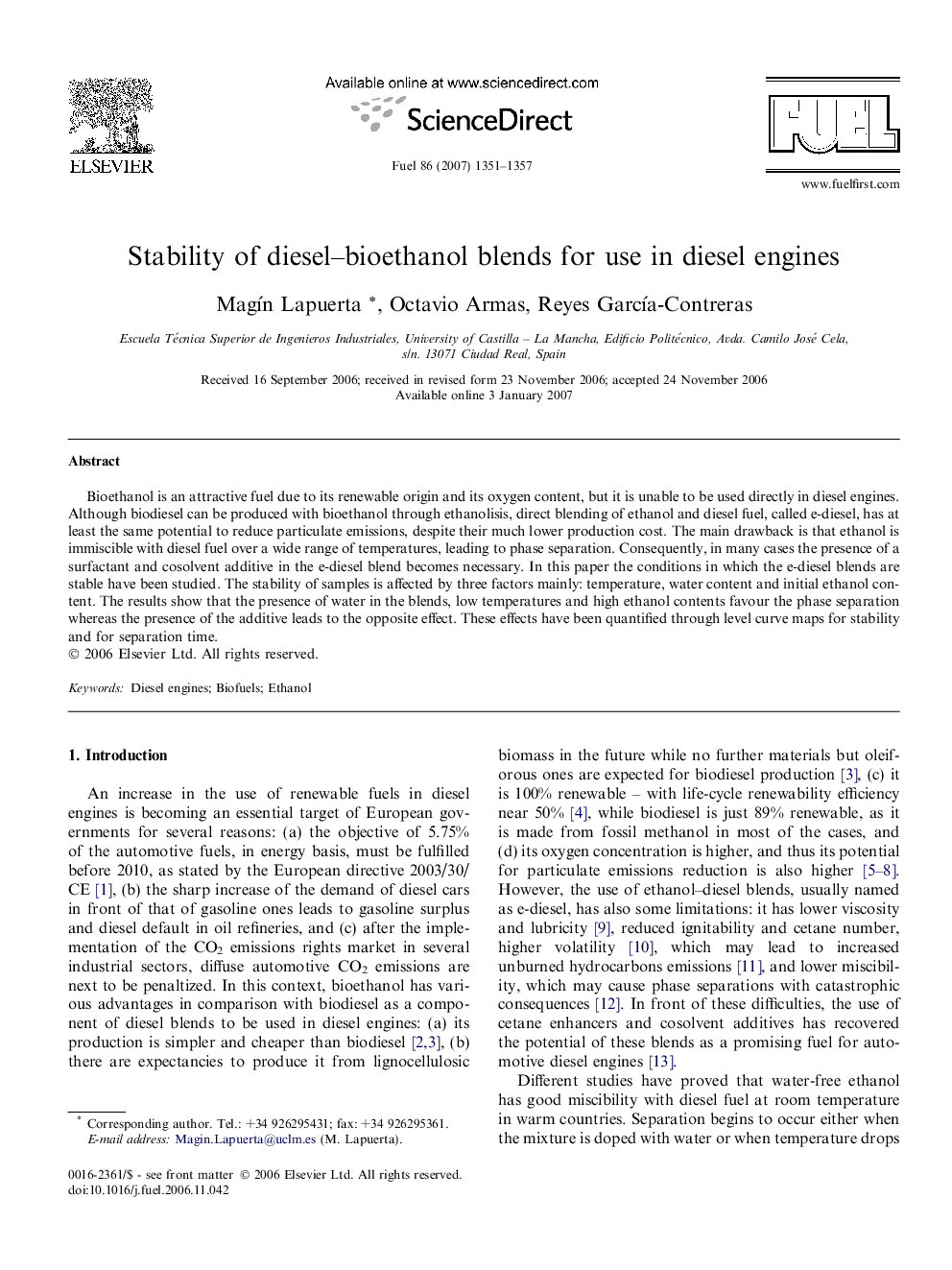 Stability of diesel–bioethanol blends for use in diesel engines