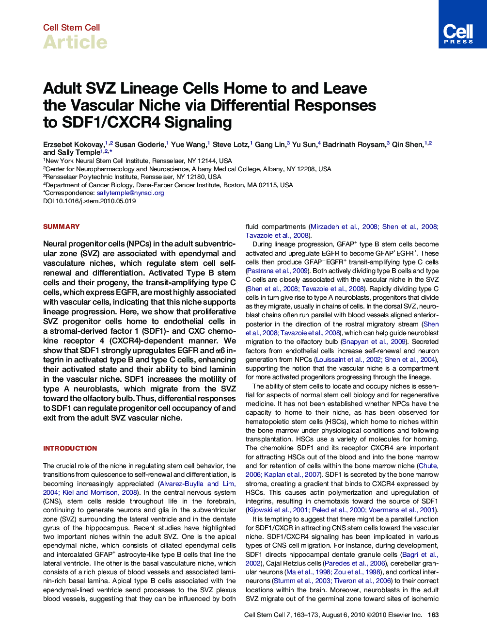 Adult SVZ Lineage Cells Home to and Leave the Vascular Niche via Differential Responses to SDF1/CXCR4 Signaling