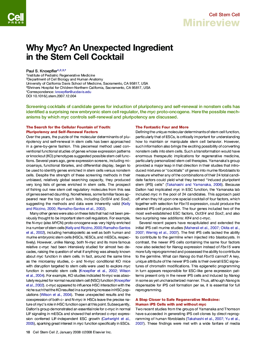 Why Myc? An Unexpected Ingredient in the Stem Cell Cocktail