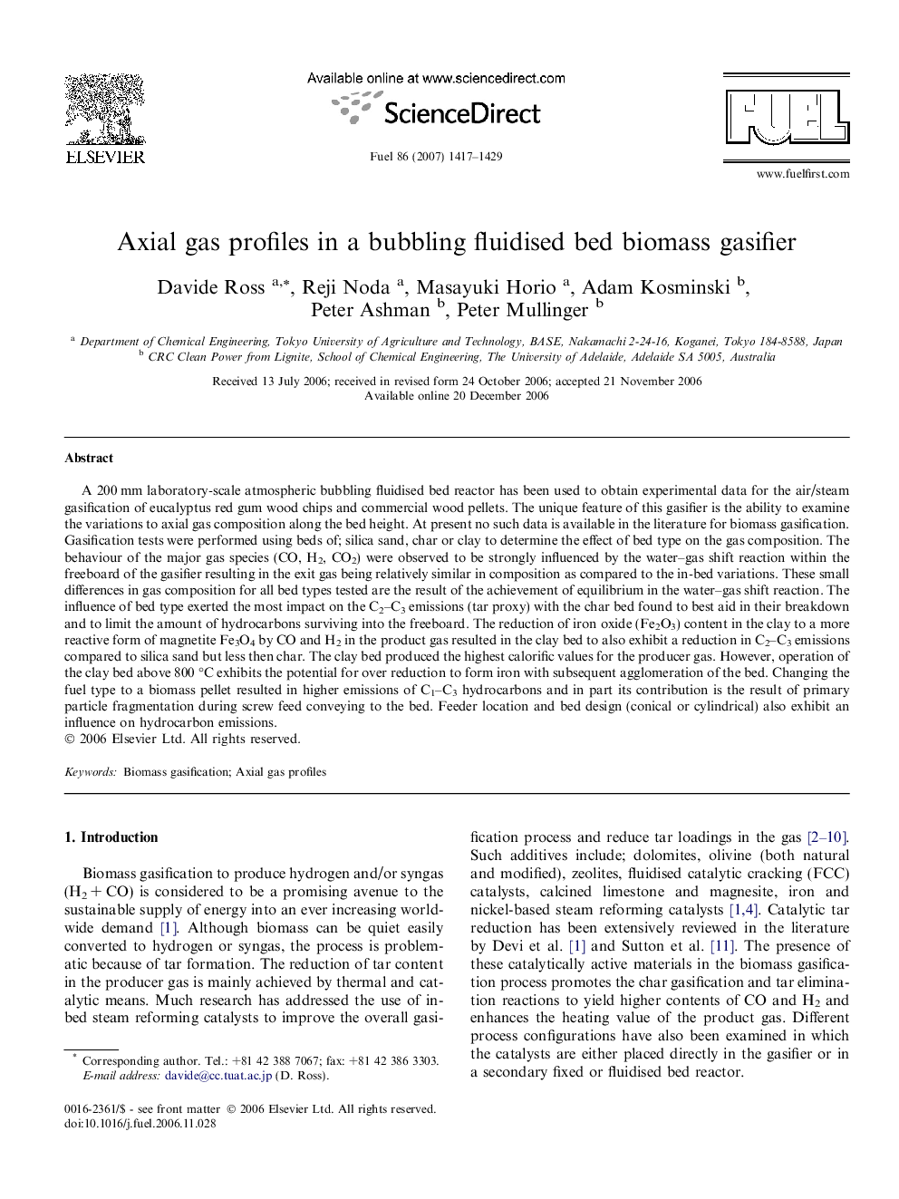 Axial gas profiles in a bubbling fluidised bed biomass gasifier