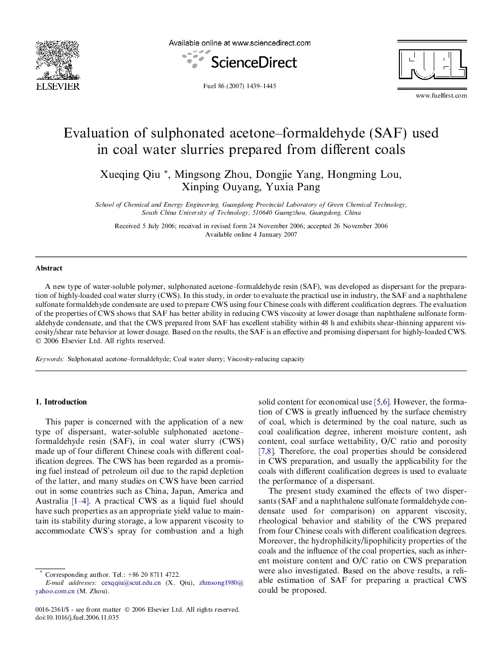 Evaluation of sulphonated acetone–formaldehyde (SAF) used in coal water slurries prepared from different coals