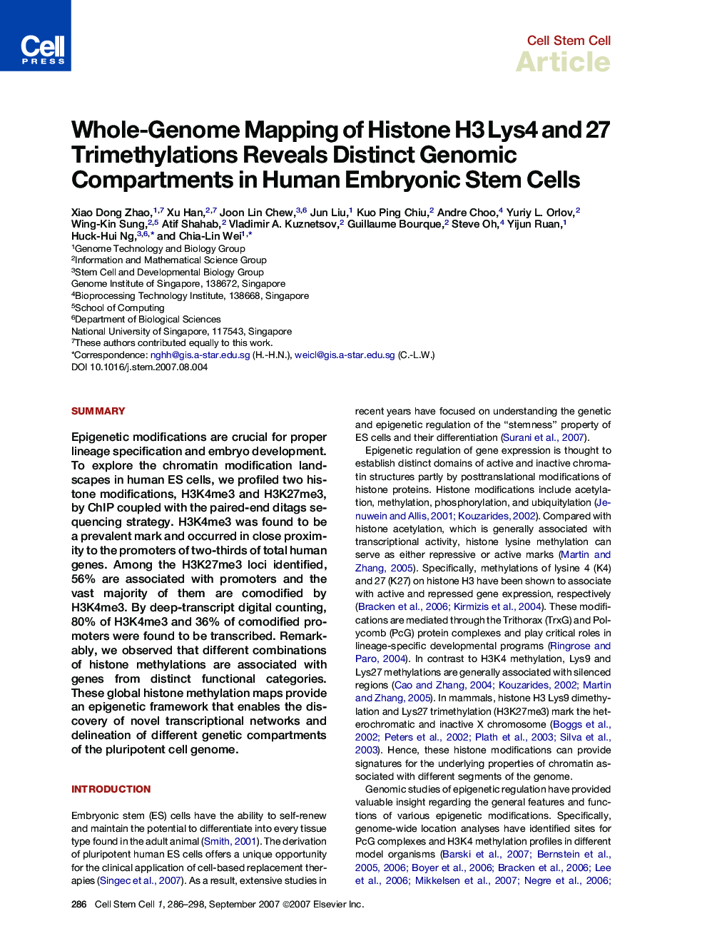 عکس صفحه اول مقاله: Whole-Genome Mapping of Histone H3 Lys4 and 27 Trimethylations Reveals Distinct Genomic Compartments in Human Embryonic Stem Cells Whole-Genome Mapping of Histone H3 Lys4 and 27 Trimethylations Reveals Distinct Genomic Compartments in Human Embryonic Stem Cells