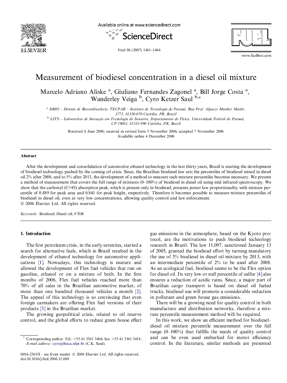 Measurement of biodiesel concentration in a diesel oil mixture