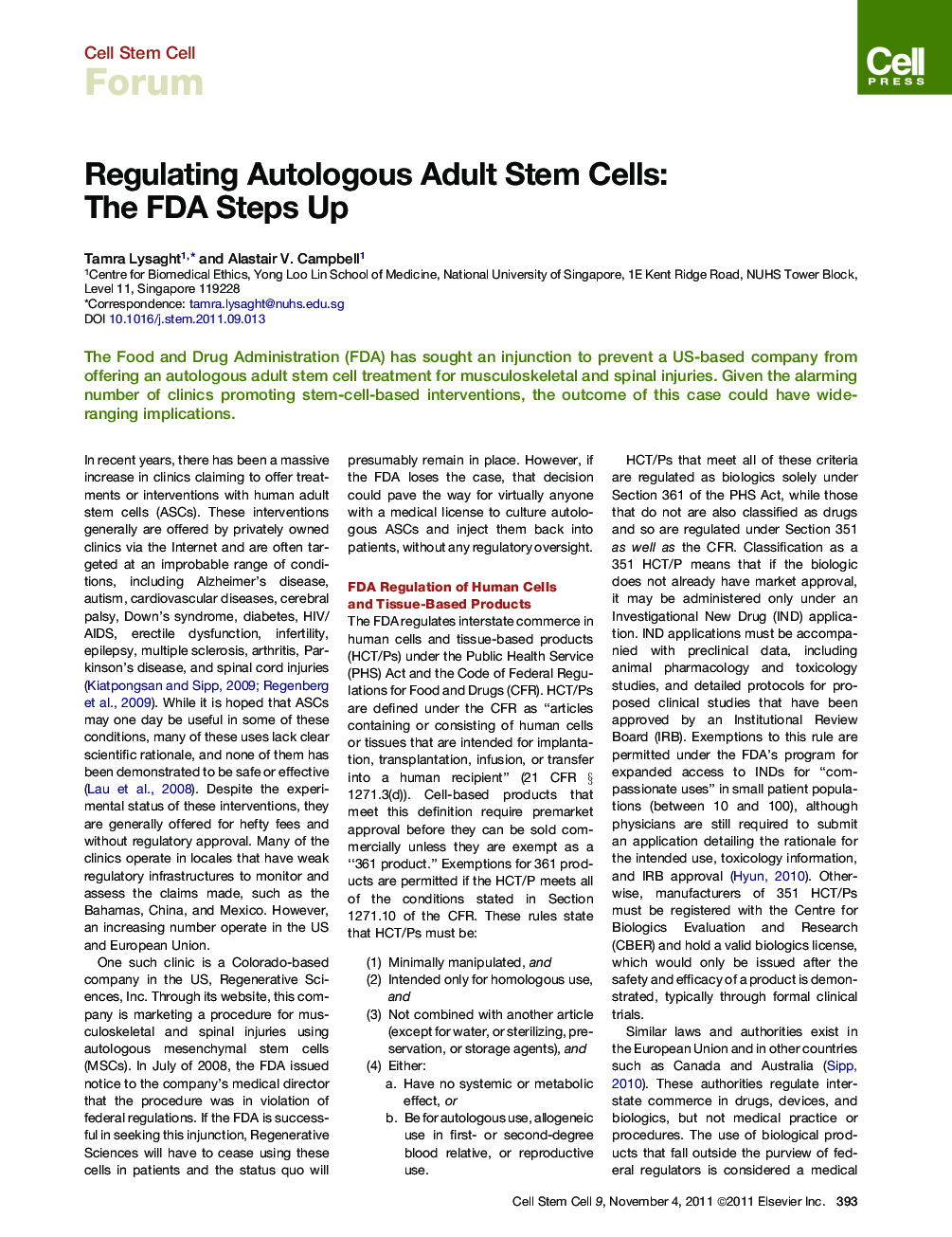 Regulating Autologous Adult Stem Cells: The FDA Steps Up