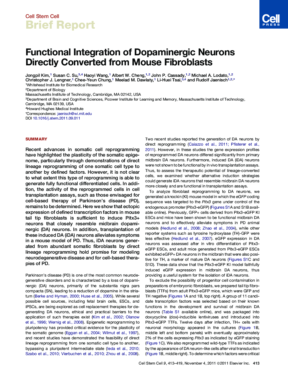 Functional Integration of Dopaminergic Neurons Directly Converted from Mouse Fibroblasts