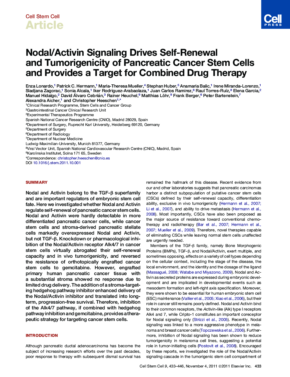 Nodal/Activin Signaling Drives Self-Renewal and Tumorigenicity of Pancreatic Cancer Stem Cells and Provides a Target for Combined Drug Therapy