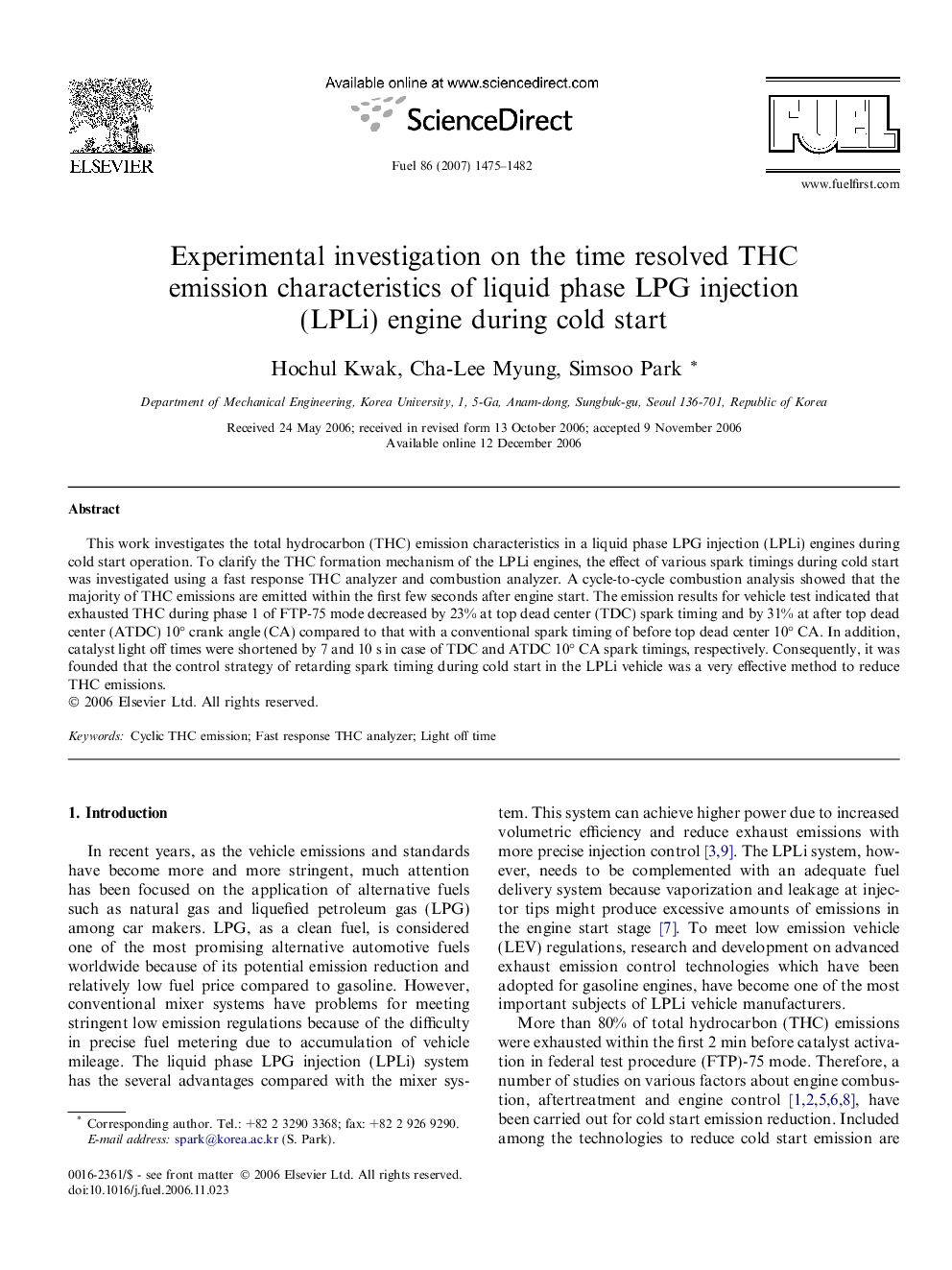 Experimental investigation on the time resolved THC emission characteristics of liquid phase LPG injection (LPLi) engine during cold start