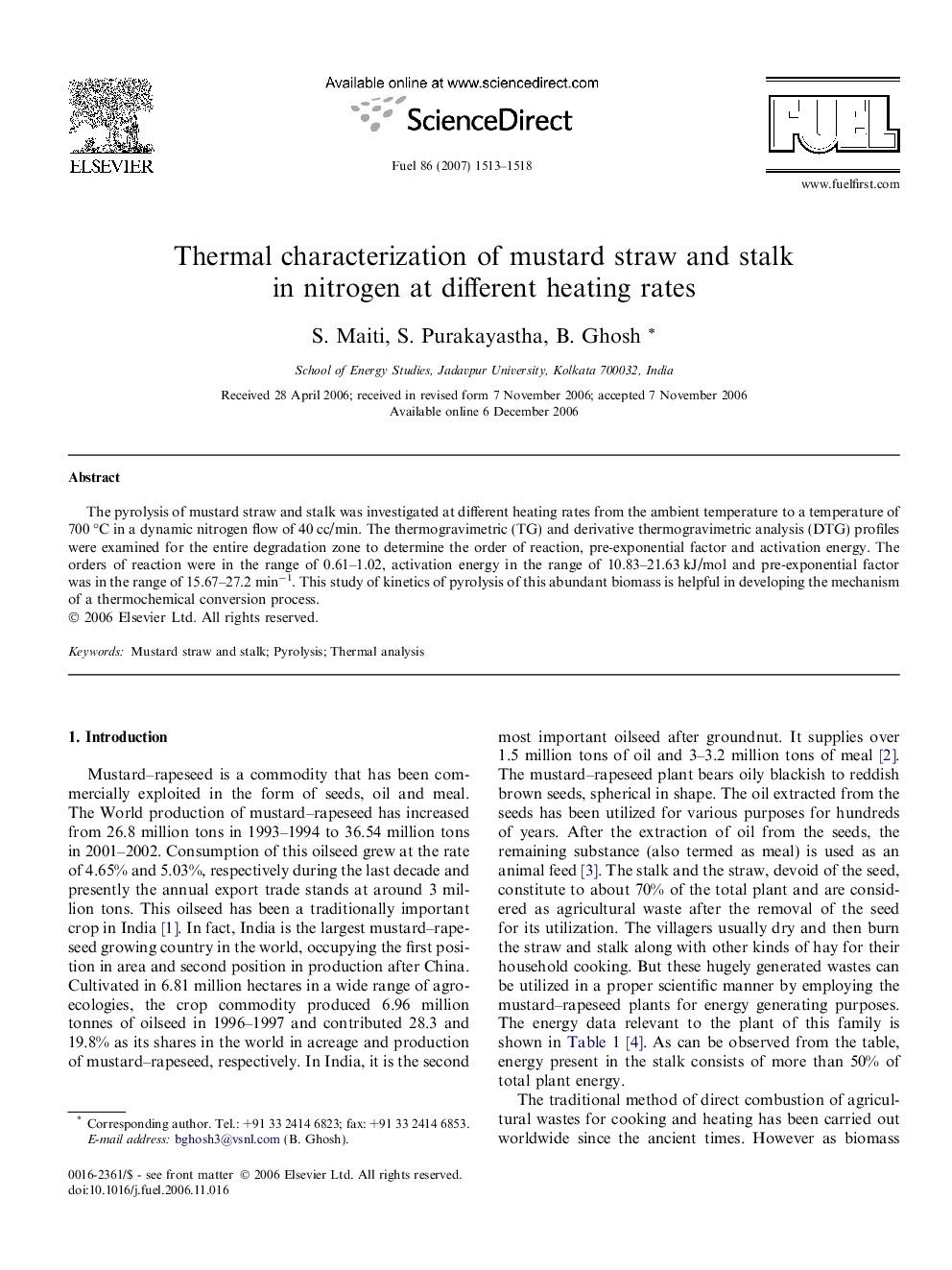 Thermal characterization of mustard straw and stalk in nitrogen at different heating rates