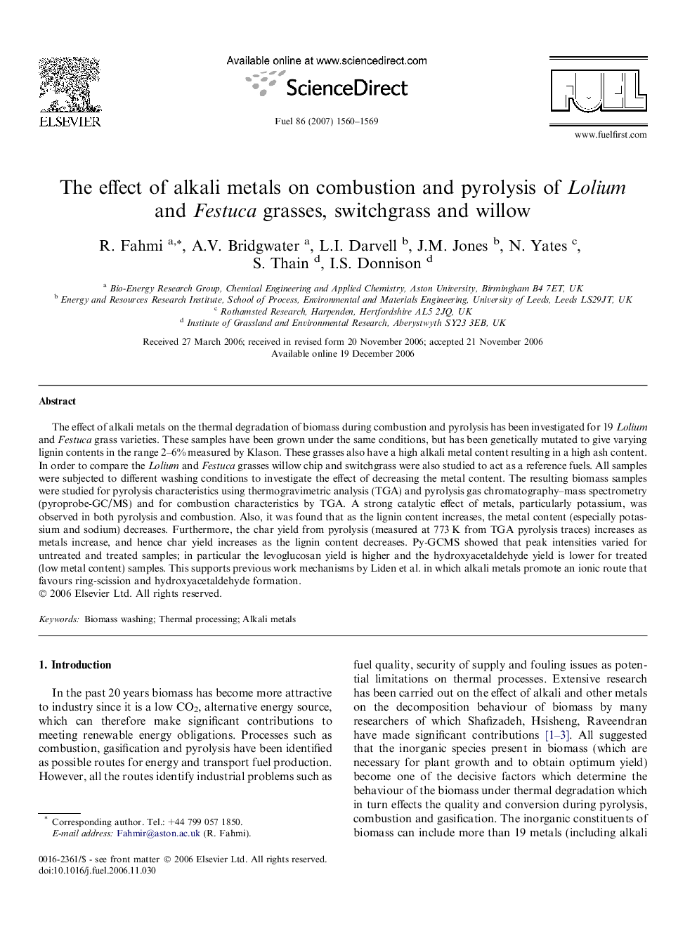 The effect of alkali metals on combustion and pyrolysis of Lolium and Festuca grasses, switchgrass and willow