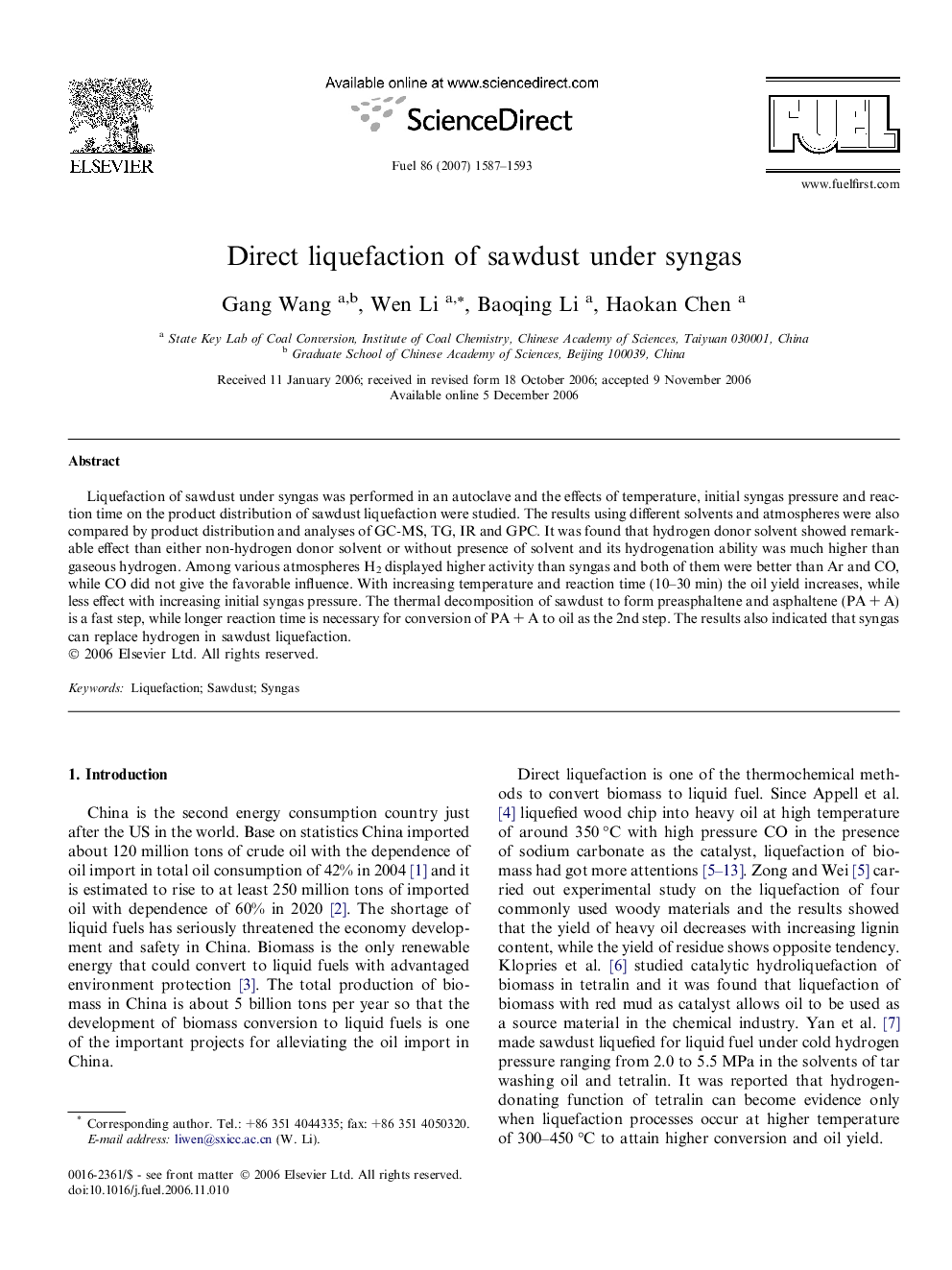 Direct liquefaction of sawdust under syngas