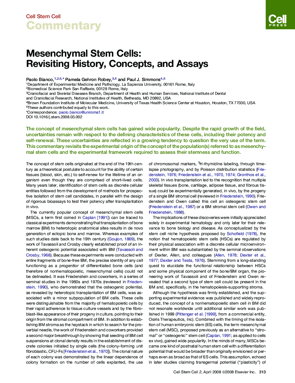 Mesenchymal Stem Cells: Revisiting History, Concepts, and Assays