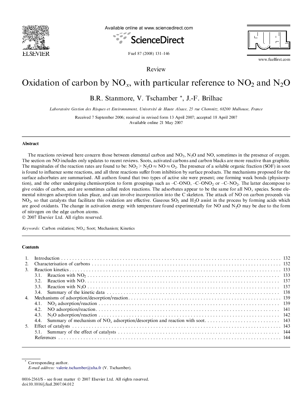 Oxidation of carbon by NOx, with particular reference to NO2 and N2O