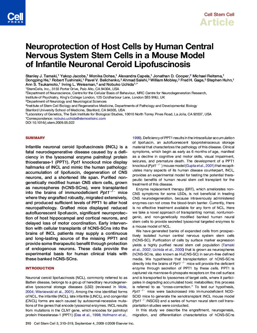 Neuroprotection of Host Cells by Human Central Nervous System Stem Cells in a Mouse Model of Infantile Neuronal Ceroid Lipofuscinosis