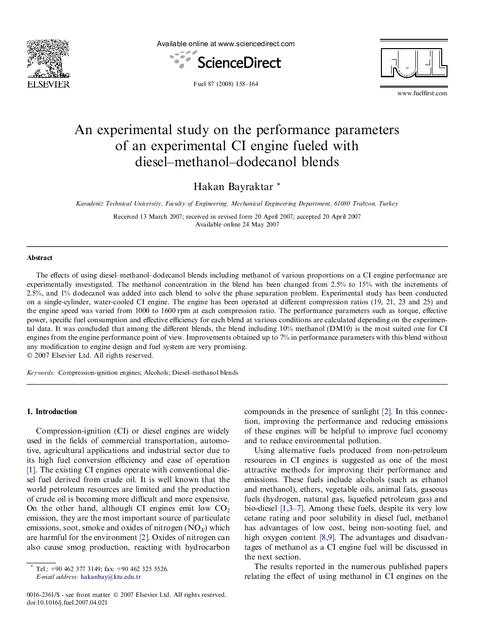 An experimental study on the performance parameters of an experimental CI engine fueled with diesel–methanol–dodecanol blends