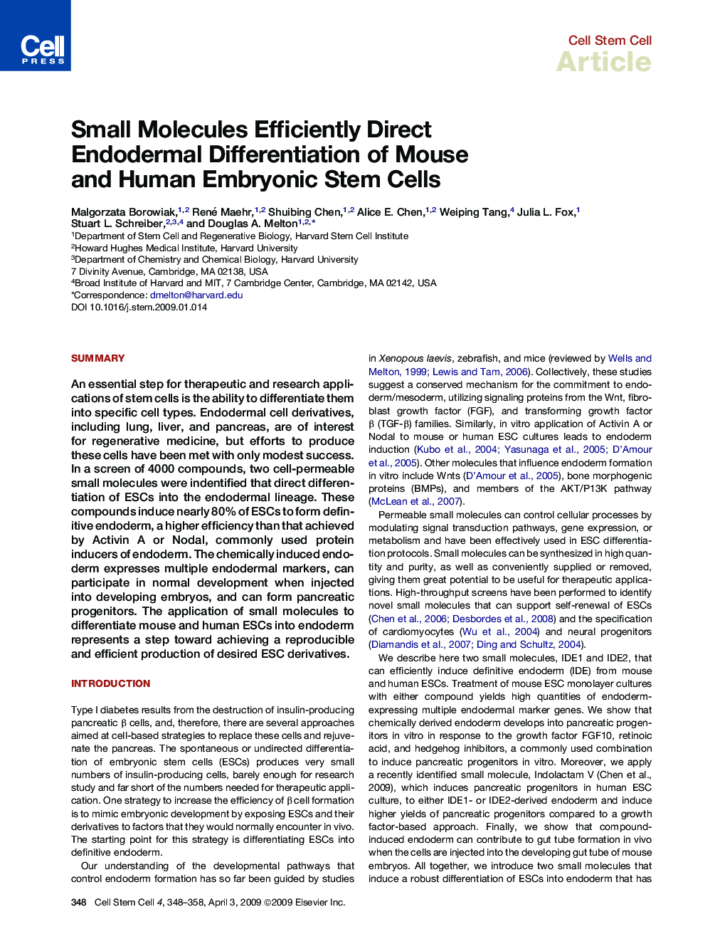 Small Molecules Efficiently Direct Endodermal Differentiation of Mouse and Human Embryonic Stem Cells