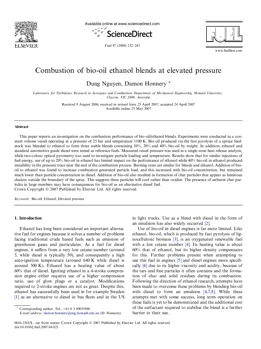 Combustion of bio-oil ethanol blends at elevated pressure