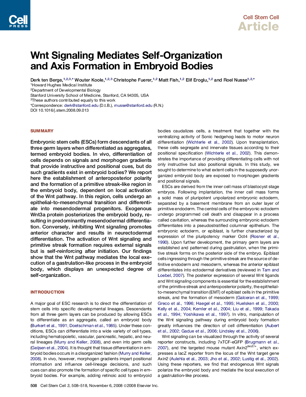 Wnt Signaling Mediates Self-Organization and Axis Formation in Embryoid Bodies