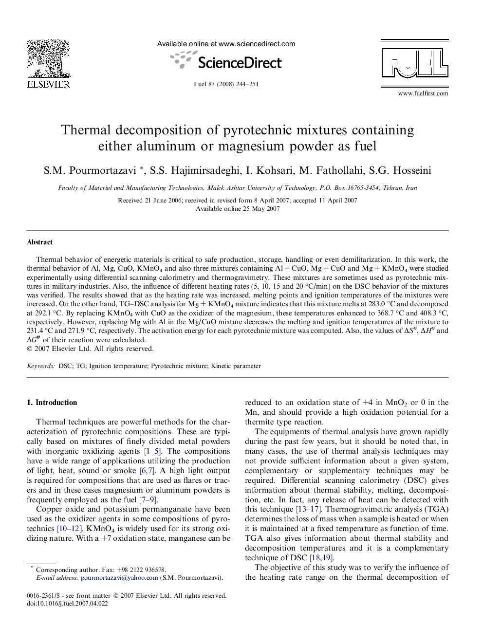 Thermal decomposition of pyrotechnic mixtures containing either aluminum or magnesium powder as fuel