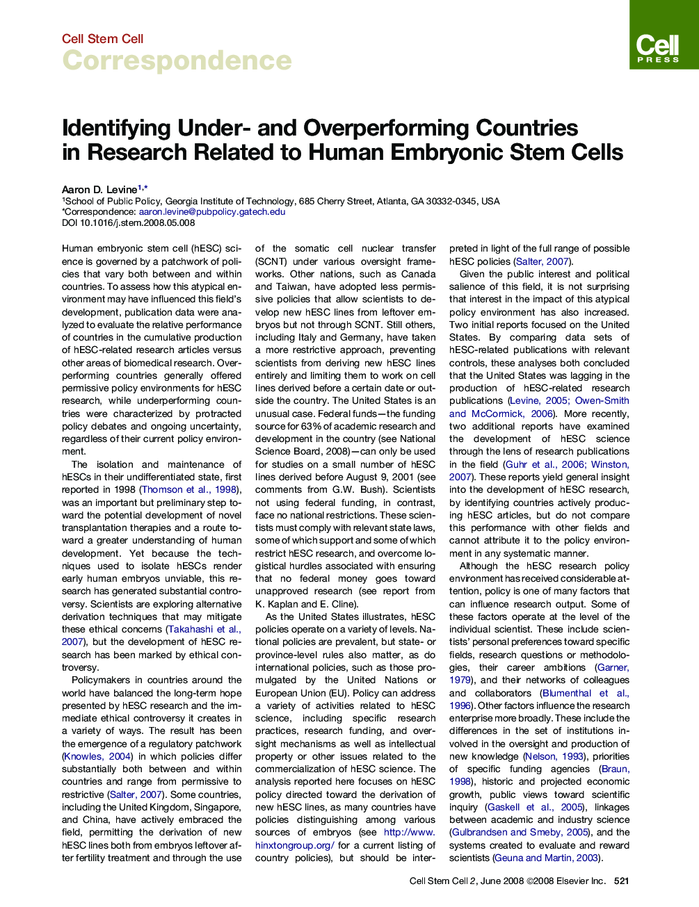 عکس صفحه اول مقاله: Identifying Under- and Overperforming Countries in Research Related to Human Embryonic Stem Cells Identifying Under- and Overperforming Countries in Research Related to Human Embryonic Stem Cells