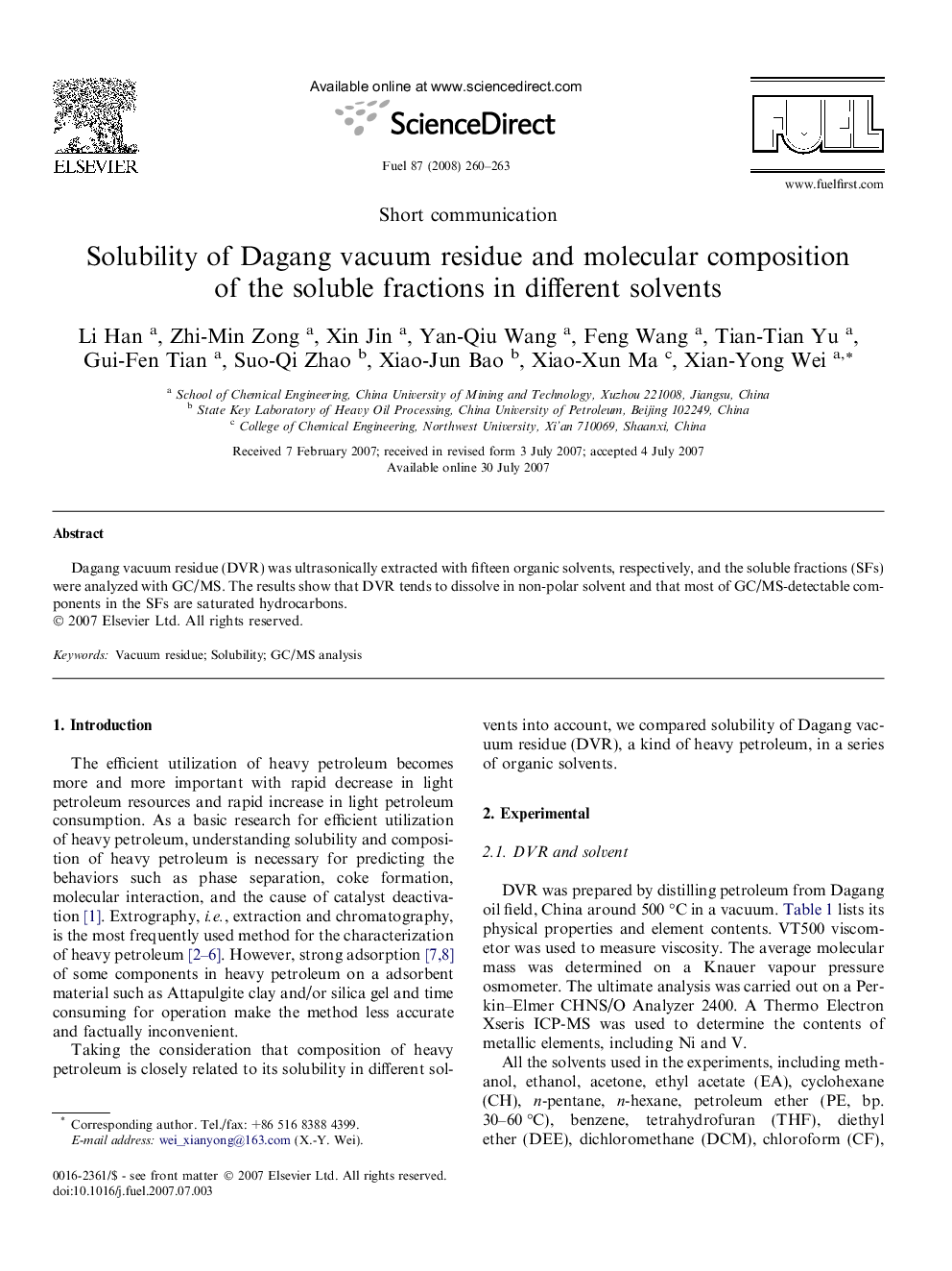 Solubility of Dagang vacuum residue and molecular composition of the soluble fractions in different solvents