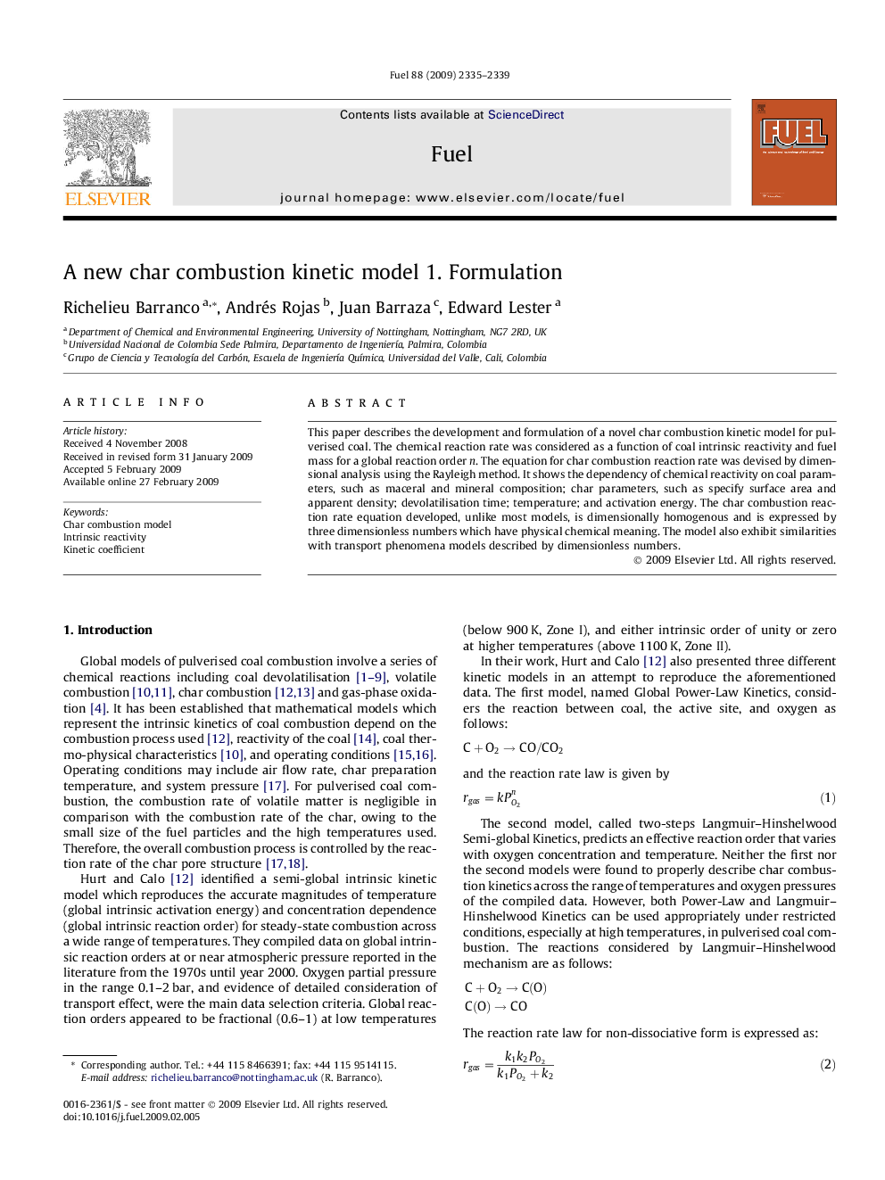 A new char combustion kinetic model 1. Formulation