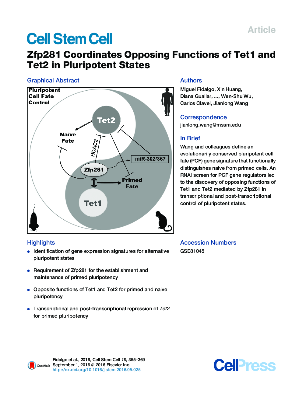 Zfp281 Coordinates Opposing Functions of Tet1 and Tet2 in Pluripotent States