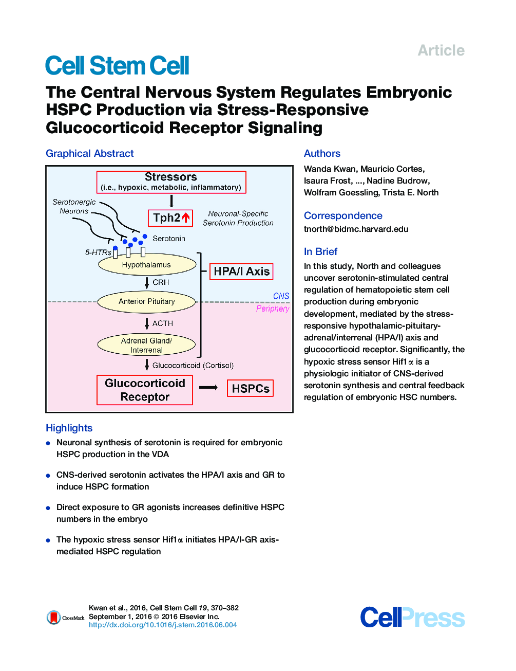 The Central Nervous System Regulates Embryonic HSPC Production via Stress-Responsive Glucocorticoid Receptor Signaling
