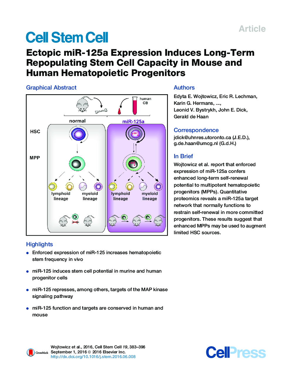 Ectopic miR-125a Expression Induces Long-Term Repopulating Stem Cell Capacity in Mouse and Human Hematopoietic Progenitors