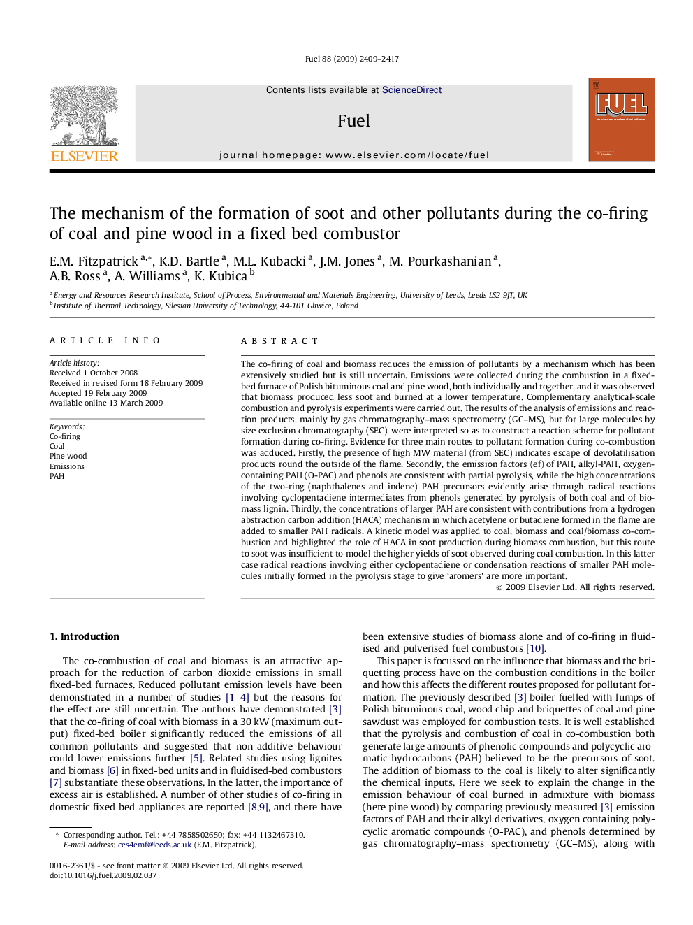 The mechanism of the formation of soot and other pollutants during the co-firing of coal and pine wood in a fixed bed combustor