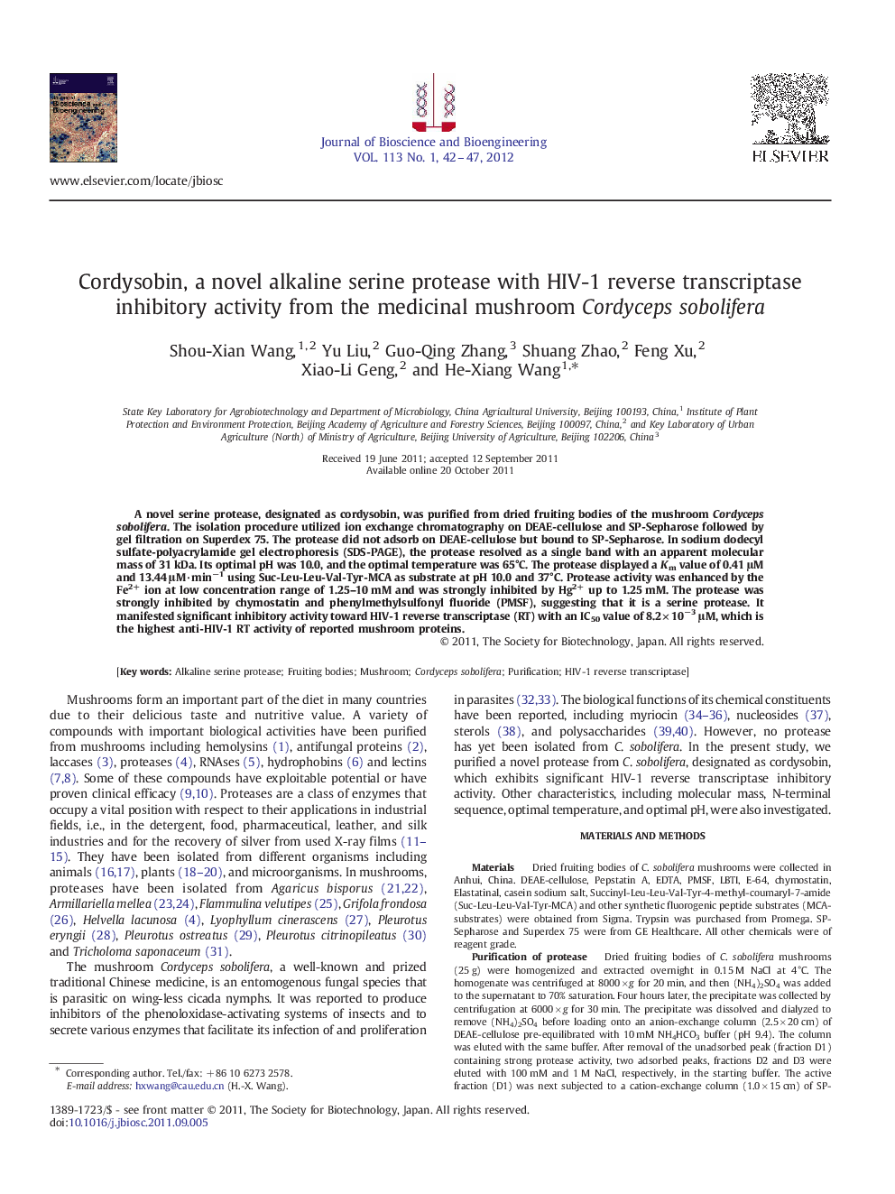 Cordysobin, a novel alkaline serine protease with HIV-1 reverse transcriptase inhibitory activity from the medicinal mushroom Cordyceps sobolifera