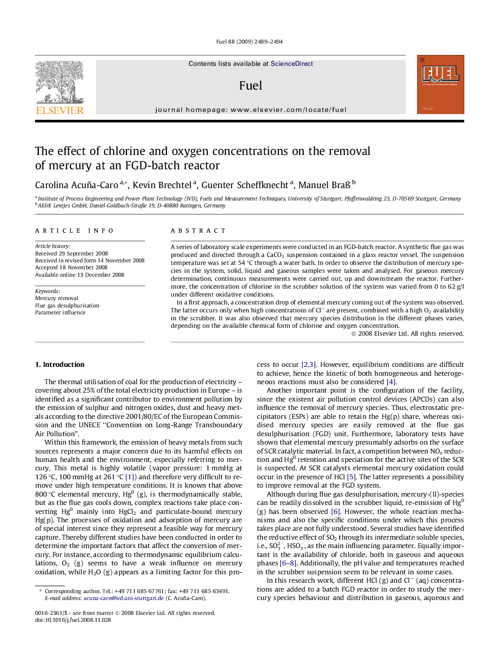 The effect of chlorine and oxygen concentrations on the removal of mercury at an FGD-batch reactor