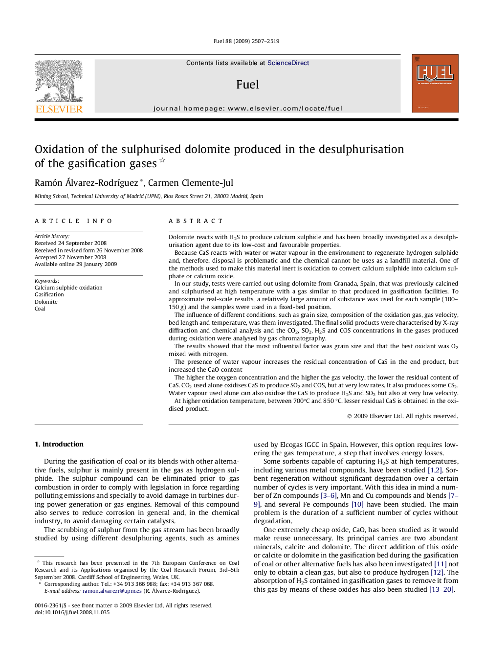 Oxidation of the sulphurised dolomite produced in the desulphurisation of the gasification gases 