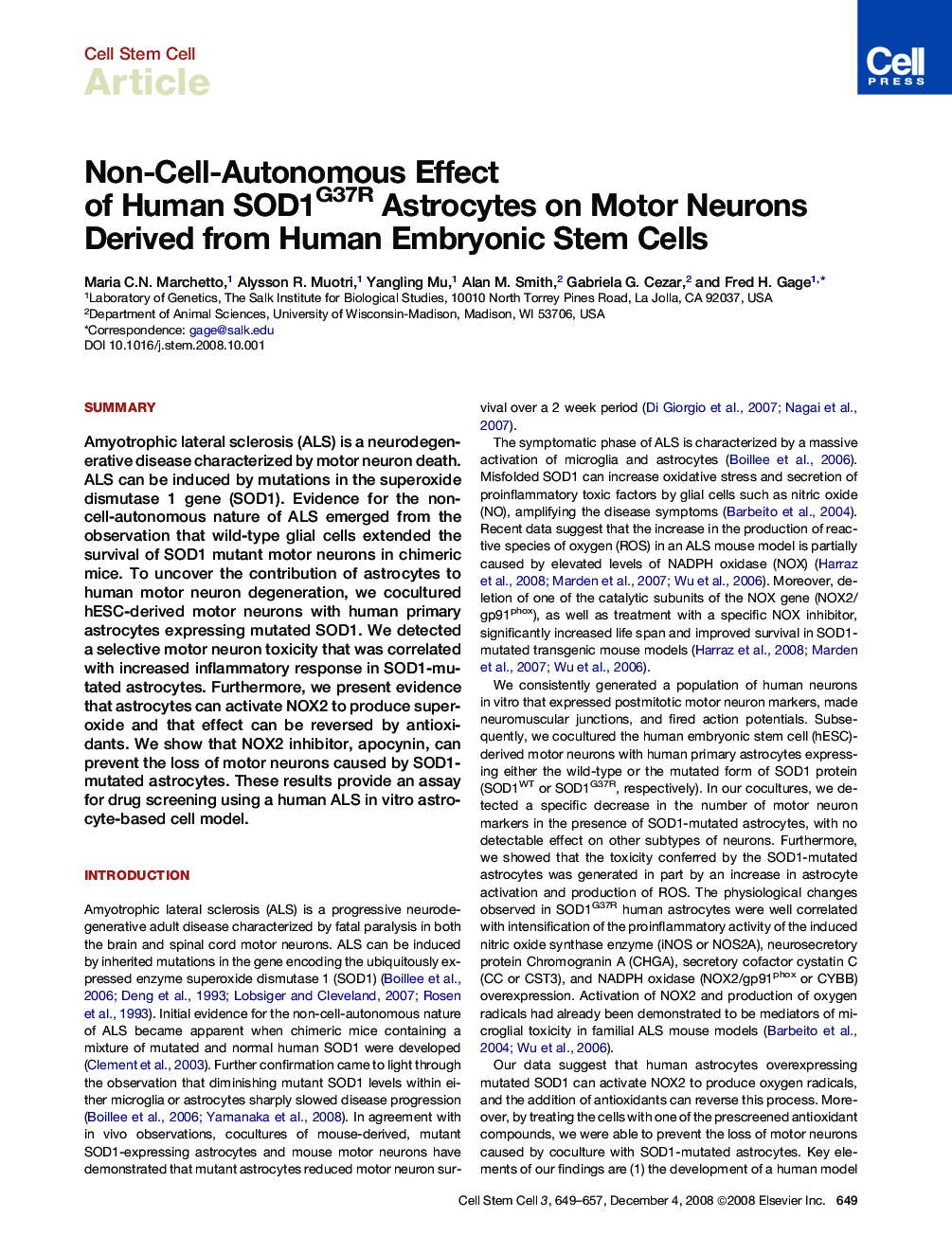 Non-Cell-Autonomous Effect of Human SOD1G37R Astrocytes on Motor Neurons Derived from Human Embryonic Stem Cells