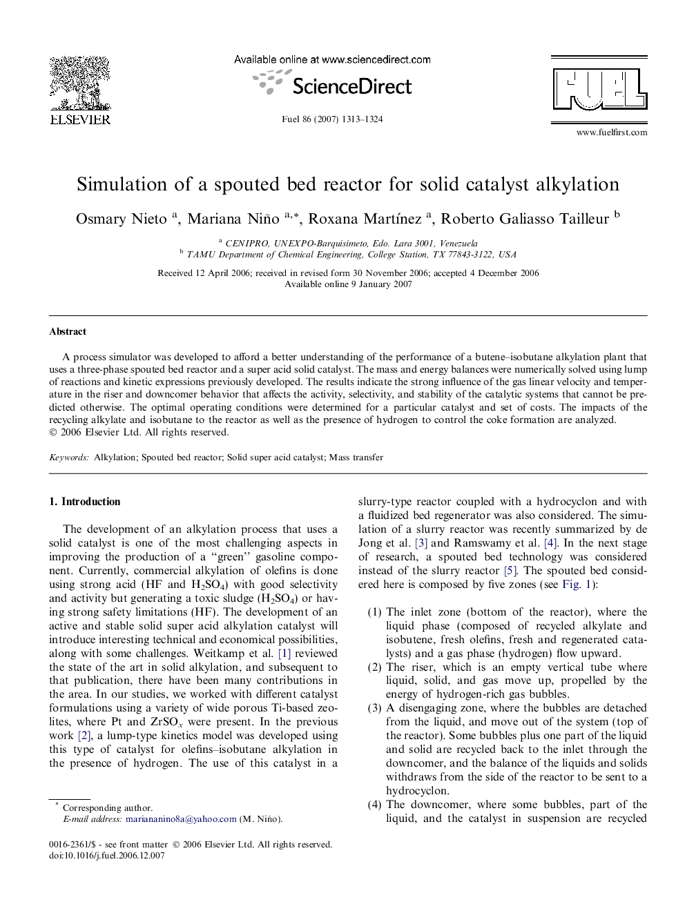 Simulation of a spouted bed reactor for solid catalyst alkylation