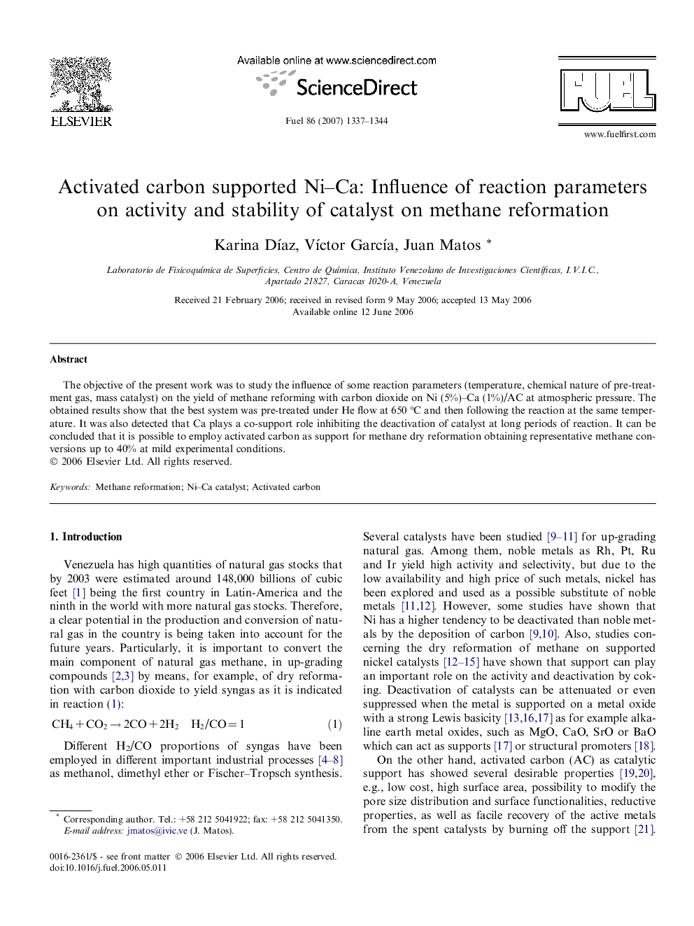 Activated carbon supported Ni–Ca: Influence of reaction parameters on activity and stability of catalyst on methane reformation