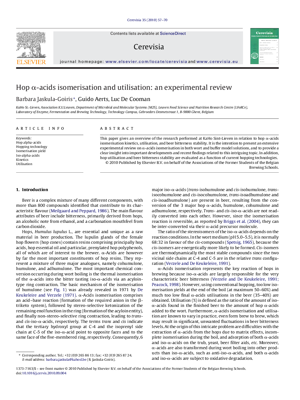 Hop Î±-acids isomerisation and utilisation: an experimental review