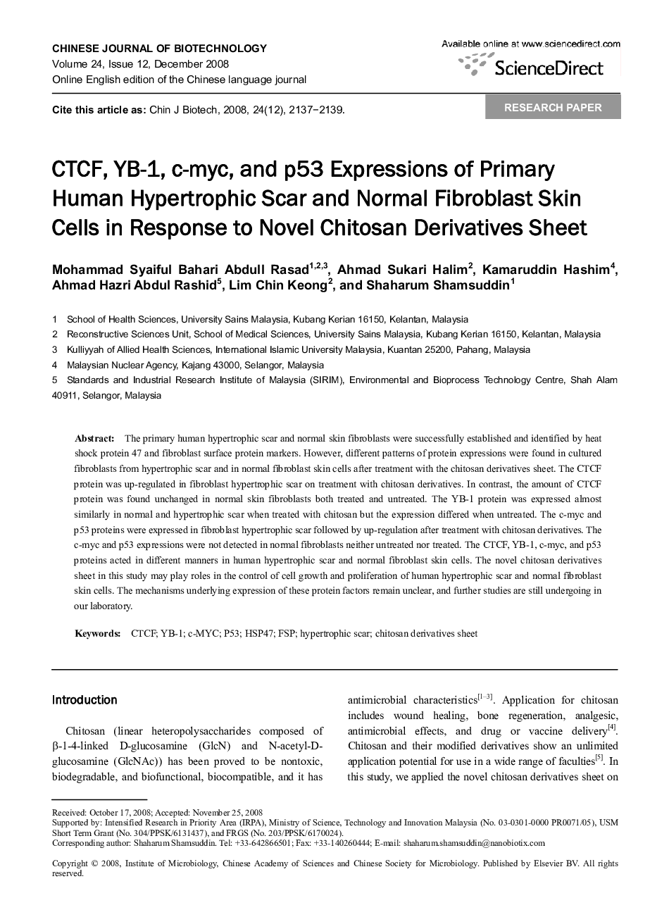 CTCF, YB-1, c-myc, and p53 Expressions of Primary Human Hypertrophic Scar and Normal Fibroblast Skin Cells in Response to Novel Chitosan Derivatives Sheet