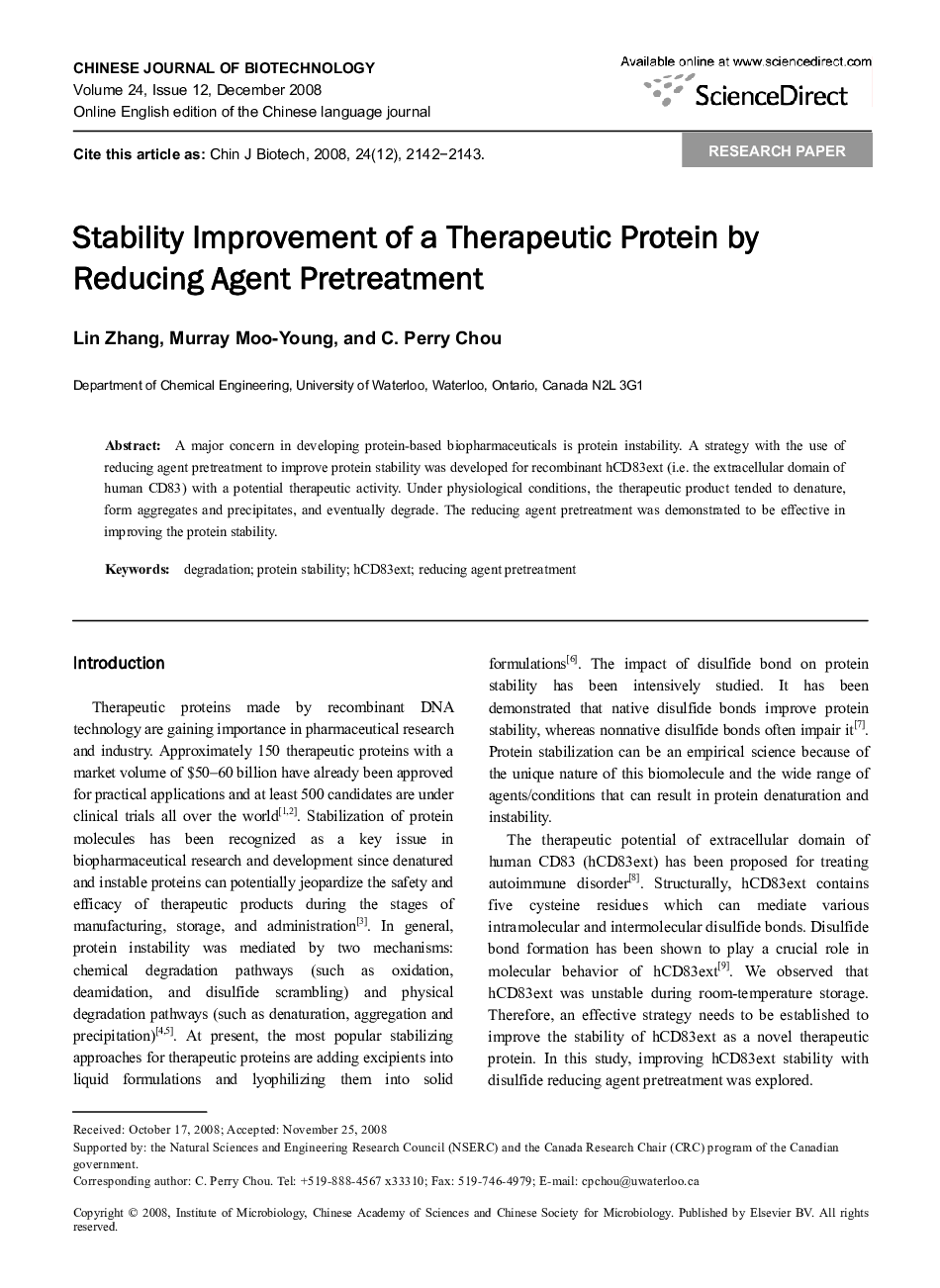 Stability Improvement of a Therapeutic Protein by Reducing Agent Pretreatment