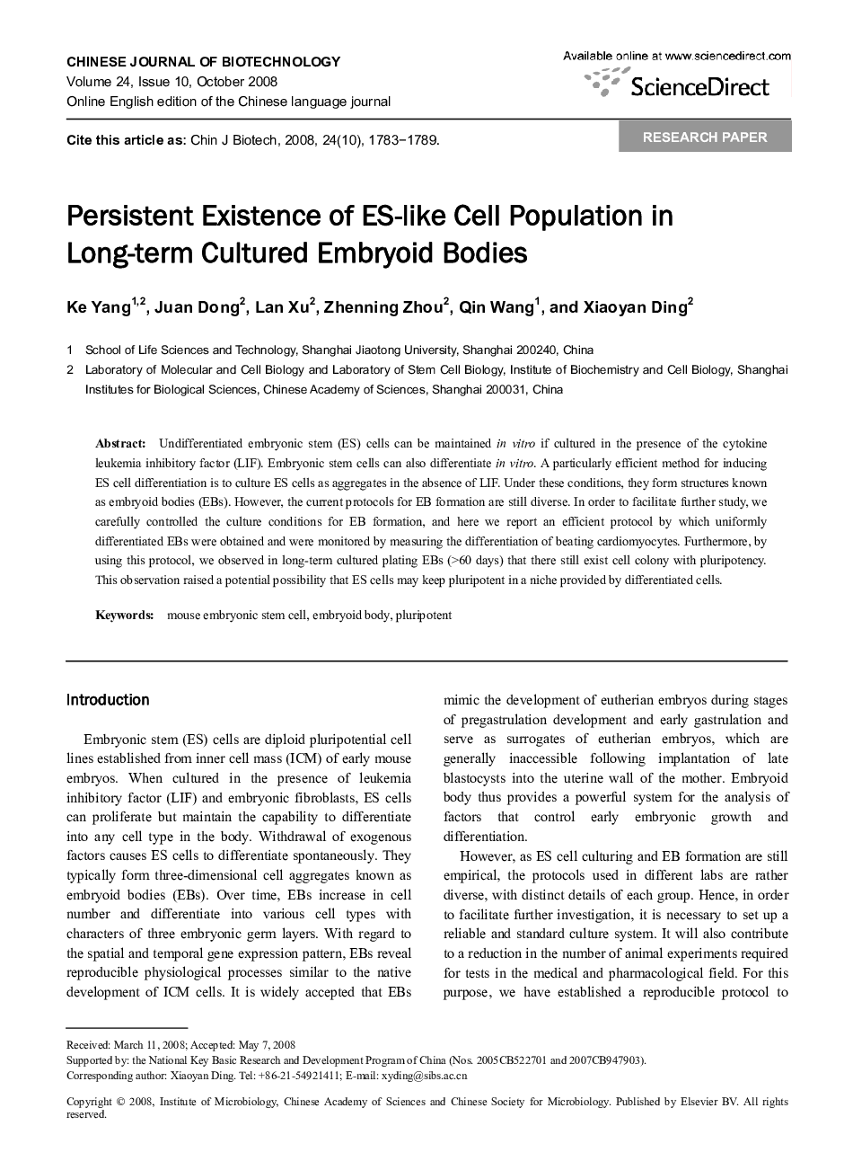 Persistent Existence of ES-like Cell Population in Long-term Cultured Embryoid Bodies