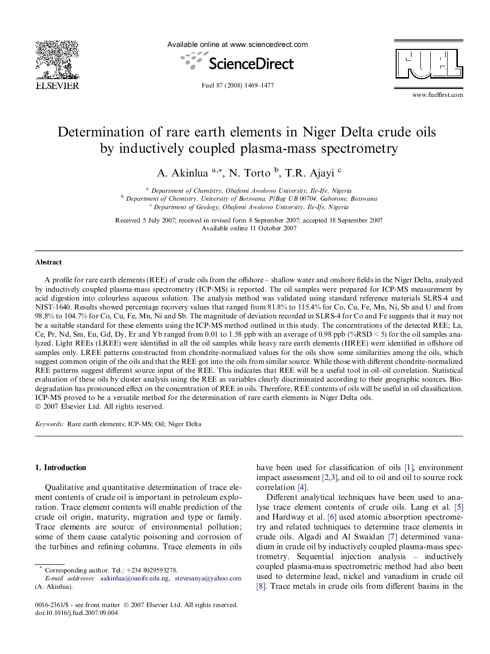 Determination of rare earth elements in Niger Delta crude oils by inductively coupled plasma-mass spectrometry