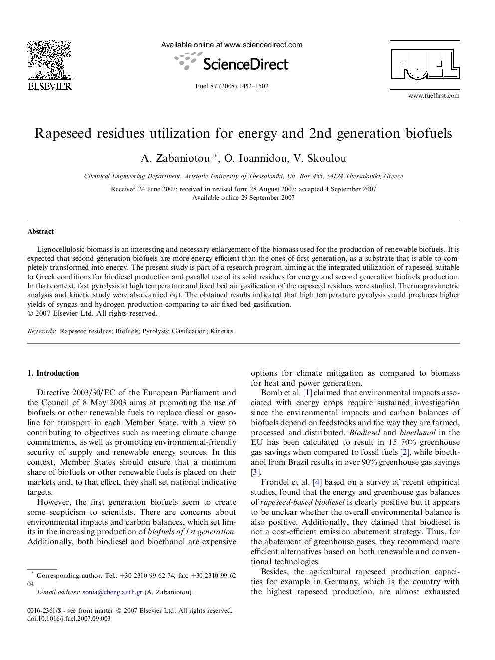 Rapeseed residues utilization for energy and 2nd generation biofuels